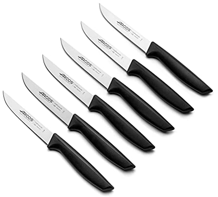 Arcos Juego Cuchillos Acero Inoxidable Nitrum y Hoja 202 mm. Cuchillo profesional pelar frutas y verduras. Mango ergonómico polioximetileno y Hoja 110 mm. Serie Universal. Color negro.