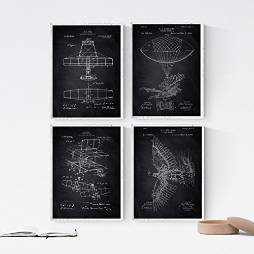 Nacnic Schwarz Flugzeuge Patent Poster 4-er Set. Vintage Stil Wanddekoration Abbildung von Luftfahrt und Flugmaschine. Verschiedene geometrische Alte Erfindungen Bilder ohne Rahmen. Größe A4.