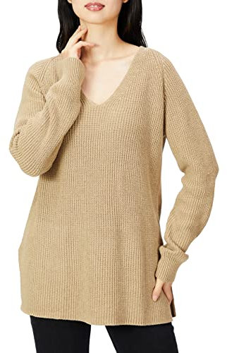 Goodthreads Jersey de Algodón Suave de Medio Punto Inglés con Cuello en Pico Pronunciado Mujer, Camel Mezcla, L