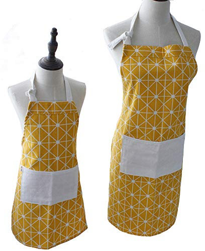 Padres Eyand y el Niño Que Cocina el Delantal - algodón y Lino mamá y Delantal de los niños con Pocket, Que cocinan la jardinería Delantal de la Cocina (Amarillo)