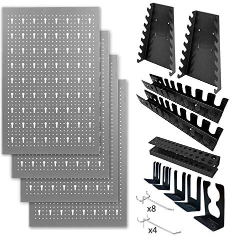 METALLMOBELL - Werkzeugwand Metall Lochwand, 160x60x2 cm, 4 Lochplatten 40x60x2 cm, Haken und Halterungen, Werkstatteinrichtung Set, Lochwand Werkstatt, Werkstatt Organizer, Schraubenregal - HPTH01G