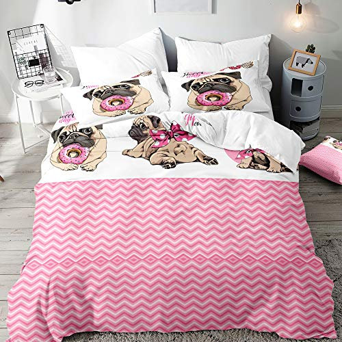 Morbuy 3D Bettbezug Bettwäsche Set - Mops Hund Drucken Erwachsene Kinder Bettwäsche-Set, Mikrofaser Weiche Bettbezug mit Reißverschluss und Kissenbezüge (135x200cm,Donut Mops)
