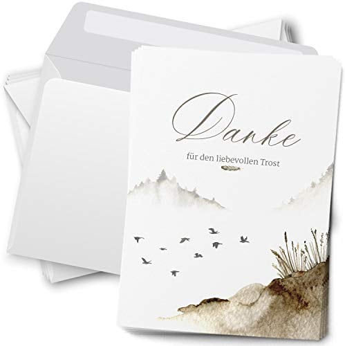 Trauer Danksagungskarten mit Umschlag | Motiv: Vogel Feder Aquarell, 10 Stück | Dankeskarten DIN A6 Set | Trauerkarten Danksagung Danke sagen