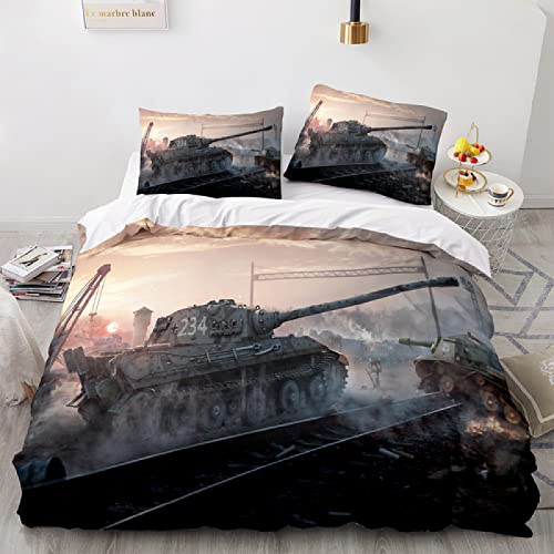 Bettwäsche 135x200 Panzer Krieg Panzerwagen Tank Militärfan Bettbezug Set 3D Druck Bedding Bettwäsche 3 Teilig Bettbezüge Hohe Dichte Mikrofaser Bettbezug 2 Kissenbezug 80x80cm mit Reißverschluss