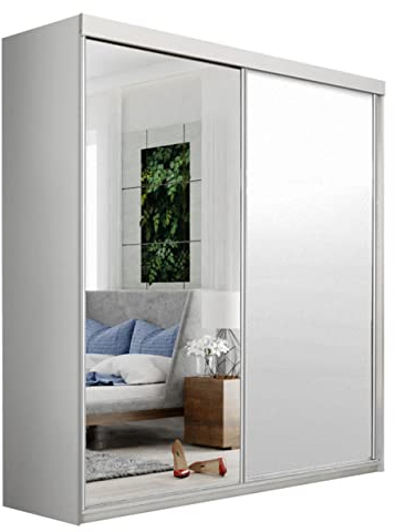 Mirjan24 Kleiderschrank Toplo 200 III, Spiegel, Garderobenschrank, Dielenschrank, 200 x 200 x 62 cm, Schlafzimmerschrank, Schwebetürenschrank (Weiß, mit Blauer LED Beleuchtung.)
