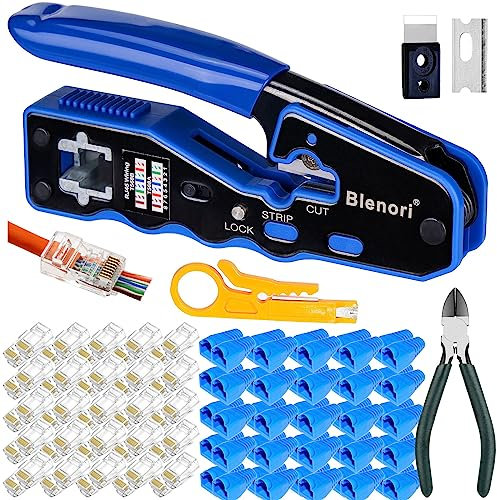 Blenori Pass Through RJ45 Crimp Tool - Cat6 Crimping Tool Ethernet RJ45 Crimper with 50PCS Cat5e Cat6 Connectors, 50PCS Covers