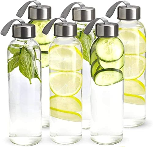 Glass Water Bottles 500 ml Juice Bottles with Lids, Reusable Drinking Bottle, Juice Beverage Container, High Borosilicate Bottles with Silver Plastic Leak Proof Caps for Beverages,Milk,Juice, 6 Pack