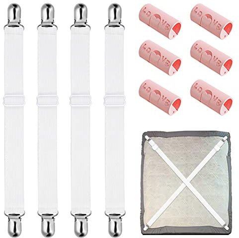 XPOOP 10 Stück Verstellbare Bettlakenspanner Weiße Elastische Betttuchspanner Weiß Lakenspanner mit Metallclips für Bettlaken, Matratze, Oder Sofa