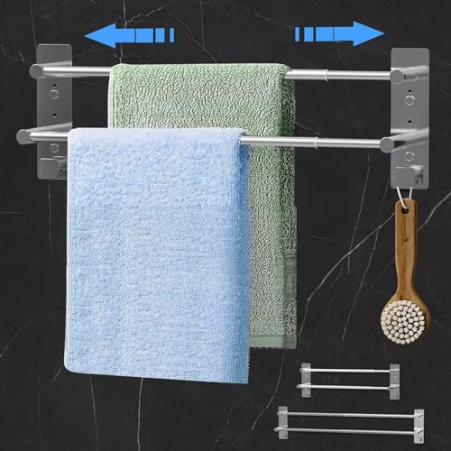 Cinnani Handtuchstange Ohne Bohren, Edelstahl Handtuchhalter Ausziehbar 37-70CM, Bad Handtuchhalter 2 Stangen mit Haken, Selbstklebend Wandmontage Handtuchhalter für Badezimmer küche Wand, Silber