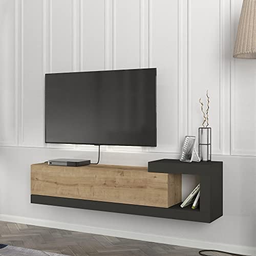 [en.casa] Fernsehschrank Luhanka Fernsehtisch mit Staufach Lowboard 150x29,5x38,5cm hängend TV-Board Eiche/Anthrazit