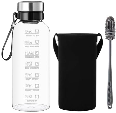 RNCKUUE Glass Water Bottle 2 Litre - 2l Large Borosilicate Wide Mouth Glass Drinking Bottles With Time Mark, Sleeve, BPA Free