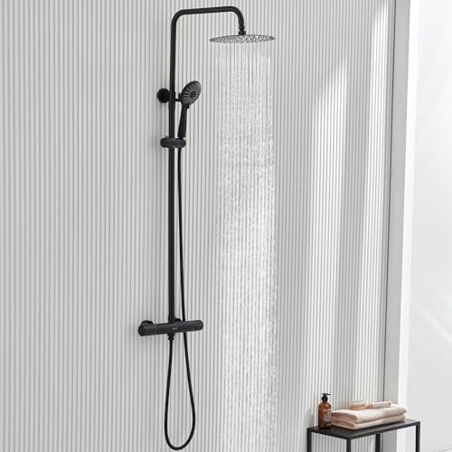 Ulytid Columna Ducha Negro Termostatica, Conjunto Ducha con Grifo Termostatico 38℃, Sistema de Ducha Acero Inoxidable, Ducha de Mano de 3 Modos, Barra Altura Ajustable, Ducha Lluvia Redondo 25x25cm