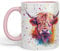Vixar Tasse colorée avec motif vache des Highlands - Animaux de la ferme écossaise - 330 ml - Cadeau d'anniversaire, travail, bureau, thé, café (hc4) (rose)
