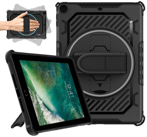 ROISKIN Case for iPad 6th/5th Generation 9.7 Inch 2017/2018: Heavy Duty Shockproof Rugged Protective Cover for iPad Air 2/ Pro 9.7 with 360 Rotation Stand/Hand Strap for Kids Boys Girls (Black)