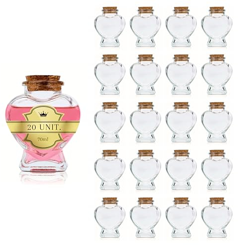 20 Magische Phiolen in Herzform, 70 ml, mit Korkverschluss | Dekoration, Geschenke und Souvenirs für die Hochzeit | Tränkeflasche