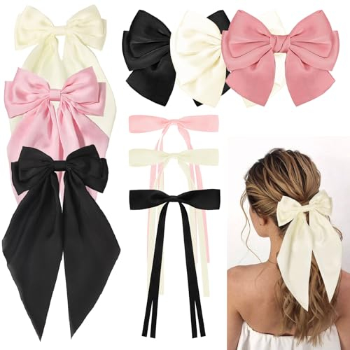 Asaisimg 9 Pcs Women's Clip Set - Soft Satin Silky Big Bows for Thick Hair in Black, Pink, White