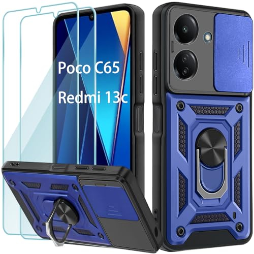 Yohii Funda para Xiaomi Redmi 13C/13 C/Funda Poco c65, con 2 Piezas Vidrio Templado, Armor Carcasa Cubierta De Cámara Deslizante, 360 Anillo Soporte PC y Silicona TPU Bumper Antigolpes Case, Azul