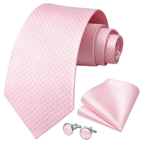 HISDERN Herren Krawatte Hochzeit Rosa Krawatten Taschentuch Blumen Elegant Klassisch Krawatte Manschettenknöpfe Set