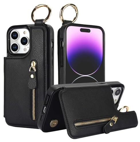 HAZARA Handyhülle Für iPhone 15 Pro Max/15 Pro/15 Plus/15, Kartenfach Lederhülle mit Hängender Ring Ultra -Dünne Fingerring Schutzhülle,Schwarz,15pro 6.1''