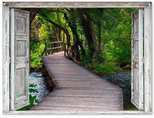 MuchoWow© Gartenposter Groß 160x120 cm XXL Outdoor Bilder Gartendeko für draußen Wetterfest Garten Zaun Deko Banner Draußen Bild Gartenzaun Brücke - Wald - Fensterblick