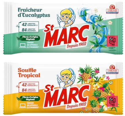 [Nouveau] Lot découverte St Marc lingettes nettoyantes désinfectantes antibactériennes : Fraîcheur d'Eucalyptus + Souffle Tropical, 84 lingettes équivalent à 168