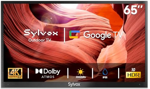 SYLVOX Outdoor TV, 65 Smart Waterproof TV for Outside, 2000 Nit Brightness | 4K UHD, Built-in Google TV, Dolby Atmos, IP55 Weatherproof, Sunlight Readable for Full Sun, Poolside, Business (Pool Pro 2.0)