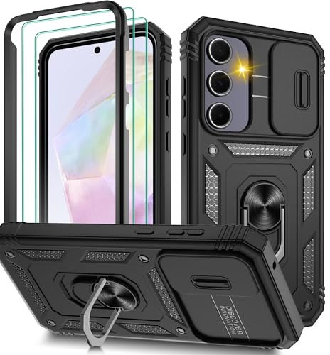 Pilaru 3 in 1 for Samsung A55 5G Phone case | With Front Frame | [Separate] 2 Screen Protector & Kickstand Ring & Camera Cover Military Grade Drop Shockproof Protection for Galaxy A55,Black