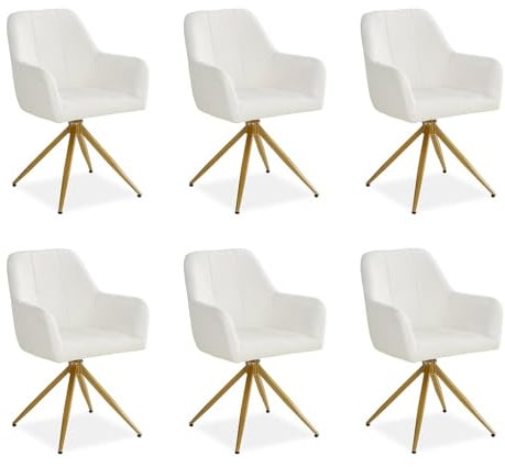 Homestyle4u 6er Set Esszimmerstühle Beige - Bouclé Polsterstühle Gold | Drehbare Esszimmerstuhl Garnitur mit Armlehne, Stoffbezug Creme, Metallfüße in Gold, gemütlicher Loungesessel für die Küche