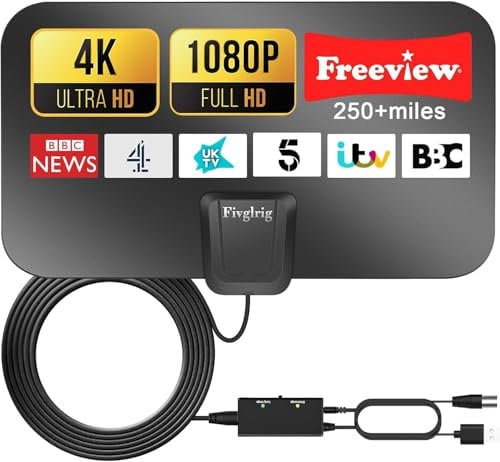 QZUAUKU Upgraded Digital TV Aerial - Indoor Amplified Aerial with Booster for 250+ Long Range Reception, Supports 4K 1080P HDTV & Includes 13 ft Coax Cable
