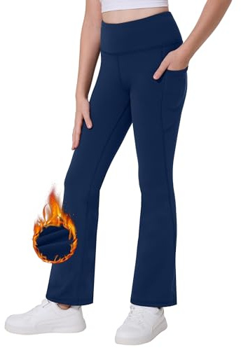 Desol Leggings termici a campana da ragazza con tasche, leggings termici da ragazza, pantaloni sportivi per bambini, ideali per ginnastica e jogging, Blu, 13-14 Anni