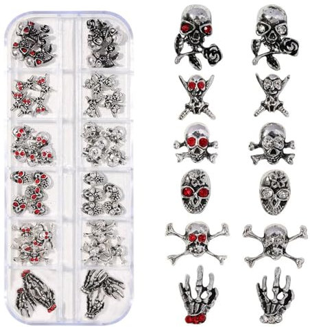 RUNRAYAY 52Pcs 3D Halloween Nail Charms, Cross Chrome Metal Nail Art Charm Vintage Gothic Retro Punk Skulls Mixed for Manicure Craft DIY Nail Art Decoration Accessories with a Box, G