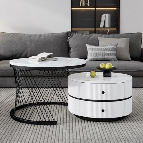BTM Elegantes 2-teiliges, weißes Couchtisch-Set in Nestform, 60*60*46cm & 50*50*31cm, runde Tische mit hochglänzender Marmoroptik, 2 Schubladen, bis 30kg belastbar,Nesting-Kombination Couchtisch