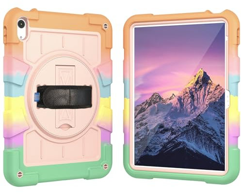 Étui pour tablette PC Compatible avec l'iPad 10e génération 10,9 sorti en 2022, coque de protection intégrale résistante aux chocs, coque incassable avec support rotatif à 360° + dragonne + bandouliè