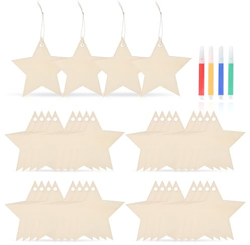 36 estrellas de madera de Navidad, estrellas decorativas de madera con cuerda de yute y marcador, 8 cm, estrellas de madera, para manualidades, decoración de árbol de Navidad, decoración de boda,