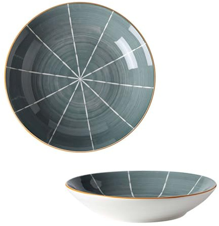 Ceramic Porcelain Stoneware Pasta Bowls Set of 2, Plate Bowls, Serving Plates, Low Bowls Dishes-Dark grey-20x20x4cm