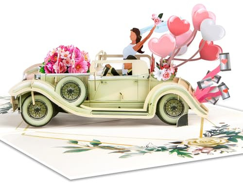 GREETING ART Pop Up Hochzeitskarte Hochzeitsauto, 3D Hochzeitskarte Just Married, Glückwunschkarte zur Hochzeit, Gutschein für Hochzeitsreise & Geldgeschenk, Flitterwochen Geschenk