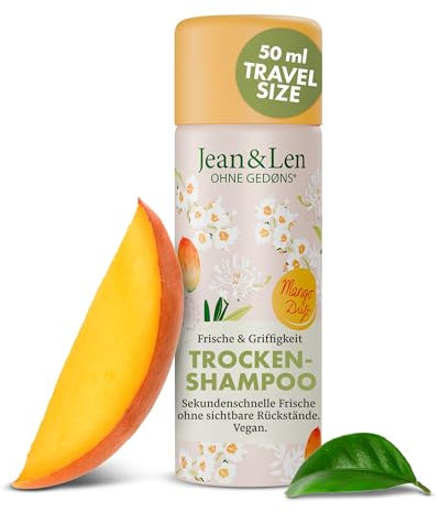 Jean & Len Mini Trockenshampoo Frische & Griffigkeit, kein fettiger Ansatz, keine weißen Rückstände, duftet fruchtig nach Mango, für alle Haartypen, Reisegröße, ohne Parabene & Silikone, vegan, 50 ml
