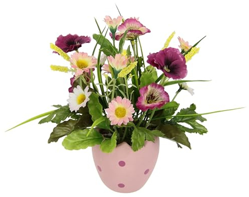 Kunstblumen Stiefmütterchen Margeriten im Topf Ei 22cm Ostergesteck Osterdeko Oster-Ei Tischdeko Deko Ostern Künstlich Frühlingsblume Unechte Blumen Frühjahrsdeko mini Blumen, rosa