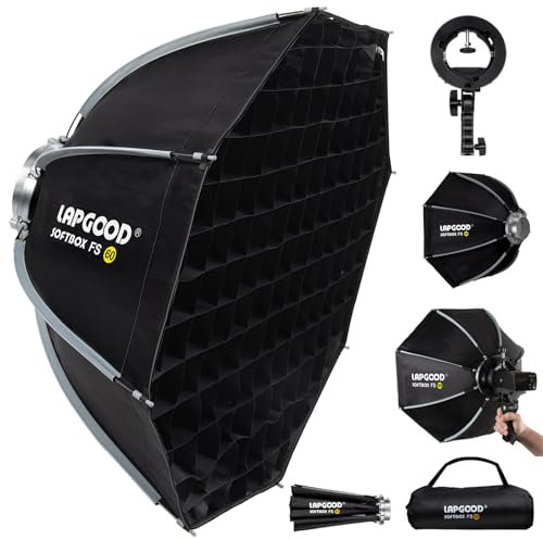 Bowens Mount Softbox 60cm LAPGOOD FS60 Softboxen, Quick Release Faltbare Softbox mit Honeycomb Gitter, S-Typ Blitzhalterung, Bowens Mount und Tragbartasche, Soft Box für Studio Photography Video Blitz