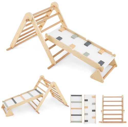 COSTWAY Toddler Climbing Frame, Wooden Kids Montessori Triangle Ladder Climber with Double Sided Ramp, Indoor Play Gym for Boys Girls