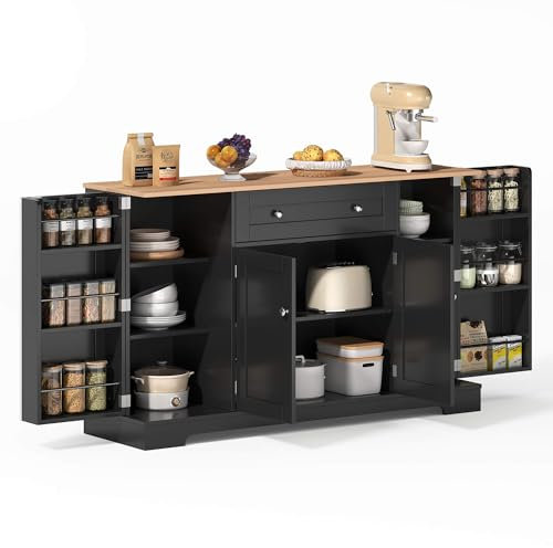 DRIXNO Multifunktionales Küchenbuffet – 138 cm Sideboard mit Schublade, Regaltüren & Verstellbaren Einlegeböden – mit Kippschutz, Küche, Wohnzimmer & Schlafzimmer Schwarz