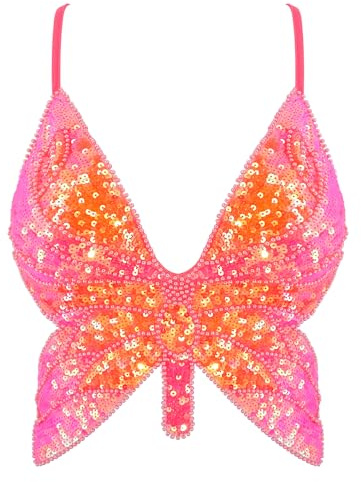 Mocure Womens Sparkly Butterfly Sequin Crop Tops Sexy Trendy Sleeveless Cute Butterfly Halter Tops Rave Wrap Tube Vest Top for Belly Dance Costume Outfits