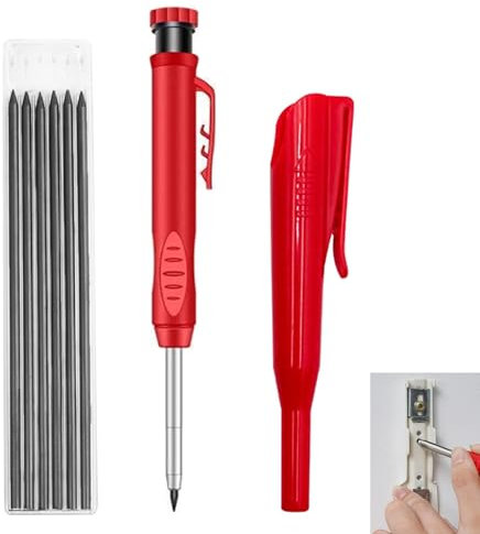 Crayon Menuisier, Crayon de Charpentier Chantier Trou Profond, TailleCrayon Intégré et 6 Recharges Graphite 2,8 mm, Étanche et Solide pour Marquage sur Bois Métal Verre Béton Chantier et Bricolage