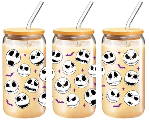 Arsemica Tasse en verre d'Halloween pour homme et femme, tasse en verre de 473,6 g avec couvercles et pailles, tasse à café de Noël de Monsieur Jack Skellington, décorations de table L'Étrange Noël de
