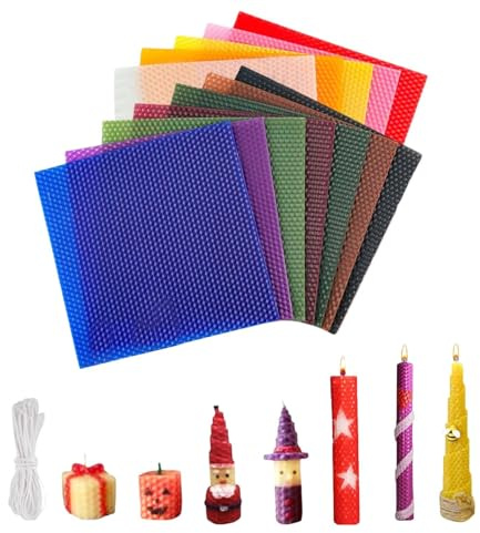 12 Stück Bienenwachs Blätter, 20*20 cm, Farbiger Bienenwachs Kerzen Selber Machen Set, Farbiger Bienenwachskerzen Set, Bienenwachsplatten, Bienenwachskerzen-DIY-Kit, 12 Dochte,Farbige Box Verpackung