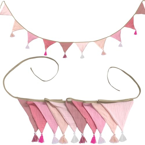 Juego de 10 Guirnaldas de Tela Rosa, Decoración para Habitación Infantil, Baby Shower, Boda en Jardín, Cumpleaños Niñas y Niños, 3,15 m (con Borlas, Rosa)