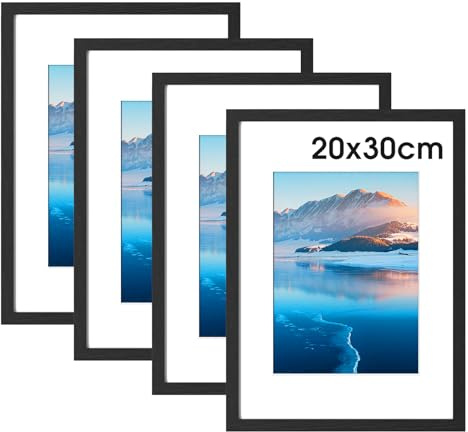 DTXDTech Bilderrahmen 20x30 cm 4 Stück, 8x12 Zoll Schwarzer Holz Fotorahmen, Bilderrahmen mit Passepartout (20x15.3 cm Ausschnitt), Zertifikatrahmen für Wandhalterung, Tischdekoration Schwarzer