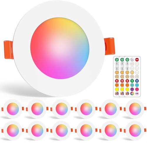 ChangM LED Einbaustrahler RGBW,230V LED Spots mit Fernbedienung,12er Set | 7W dimmbar mit Farbwechsel,2700K–6000K,IP44,Ø68–85mm Lochmaß,flache Deckenspots für Bad,Küche und Wohnzimme