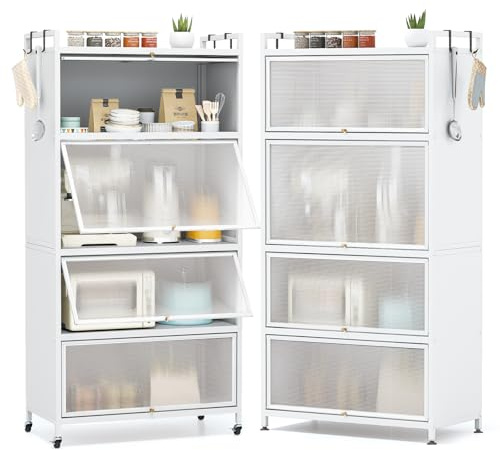 COSTWAY Meuble Cuisine Rangement 5 Niveaux, Etagere Rangement en Fer, Portes Battantes, Panneau Perforé, 10 Crochets, Armoire Cuisine à Roulette, Support Micro-Ondes (80 x 40 x 162 cm,Blanc)