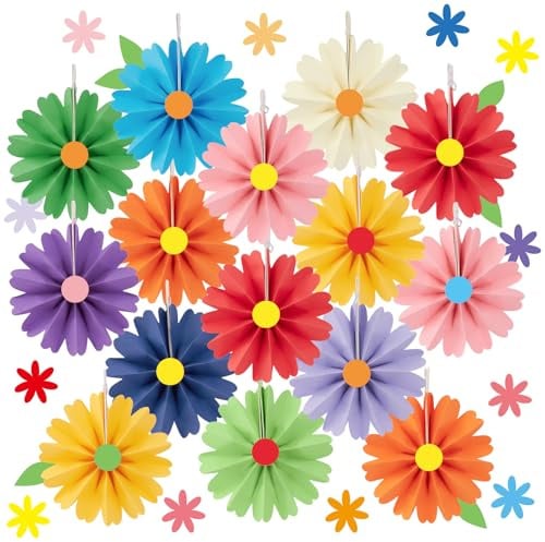 15Pc Colorful Fiesta Mini Hanging Paper Fan Flower Mexican Party Decoration | Hanging Paper Flowers DIY Cute Daisy Paper Flowers with Sticker for Easter Party Birthday Party Spring Summer Classroom Decor